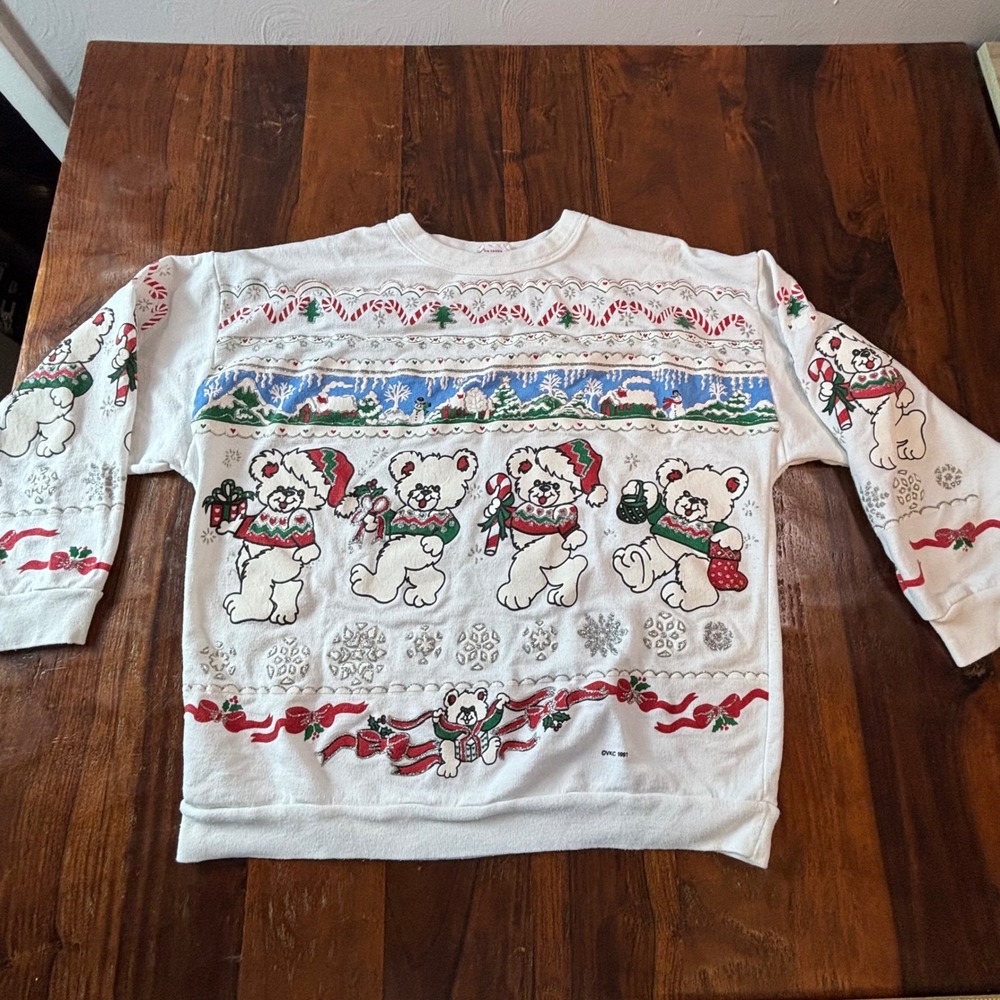 Vintage 1991 Variety Christmas Bear Sweatshirt White Crewneck Large Puff Print